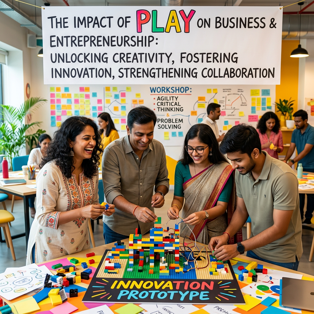 Four adults build an innovation prototype during a collaborative workshop.