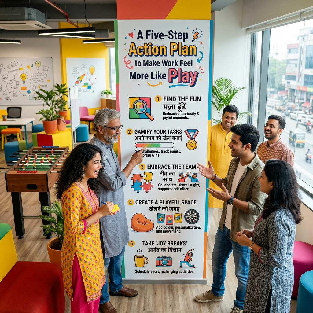 Colleagues gathered around poster titled “A Five-Step Action Plan to Make Work Feel More Like Play”