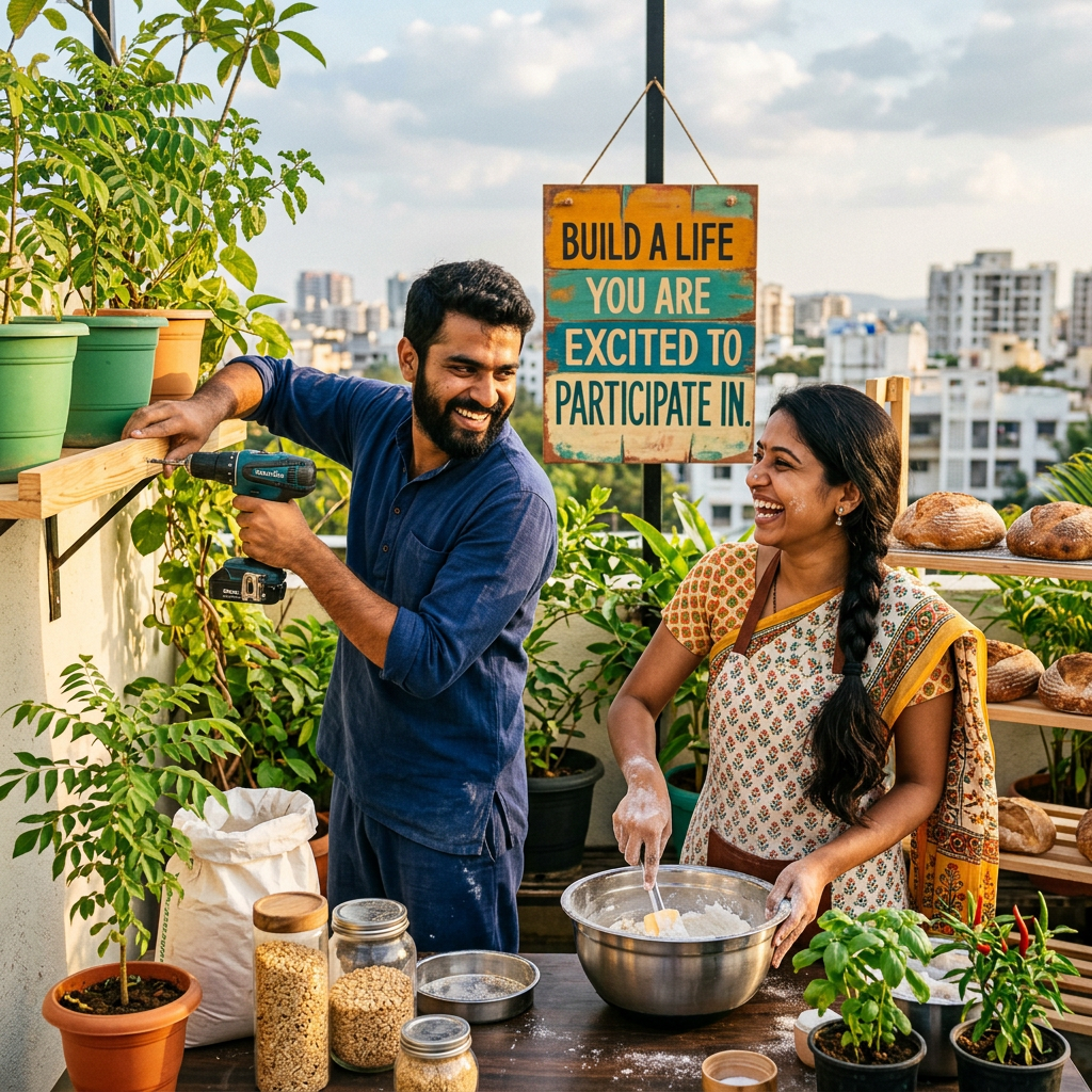 Two people gardening and baking on a rooftop beneath a motivational sign