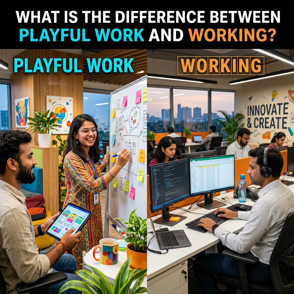 Split scene labeled PLAYFUL WORK and WORKING, showing collaboration and computer work