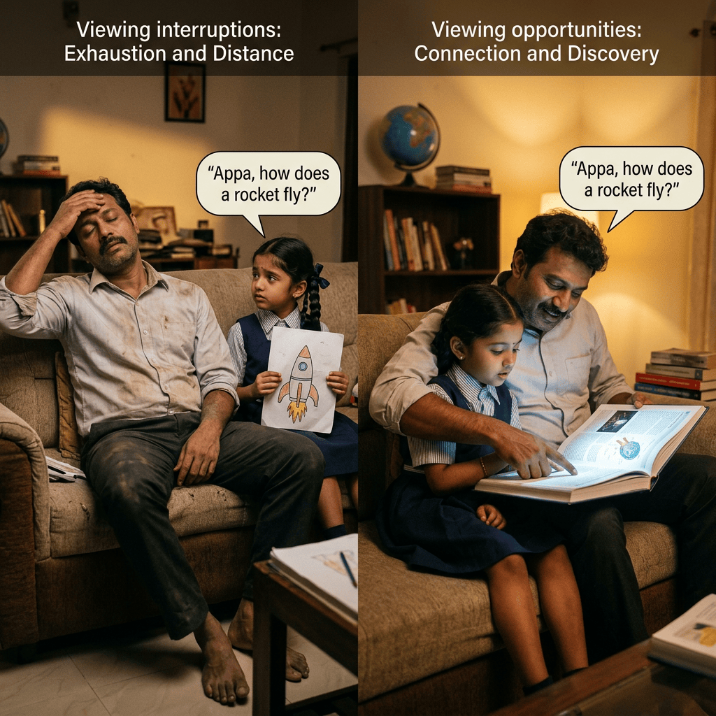 Split scene labeled “Viewing interruptions: Exhaustion and Distance” and “Viewing opportunities: Connection and Discovery”; left, a tired father sits beside his daughter holding a rocket drawing while she asks, “Appa, how does a rocket fly?”; right, father and daughter explore an open book as she asks the same question.