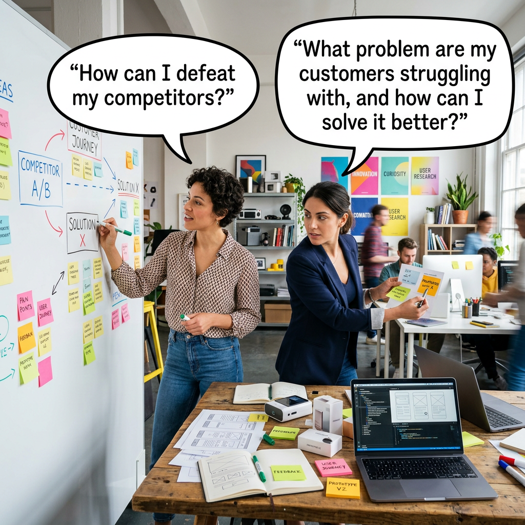 Two women discuss customer problems beside a competitor analysis board