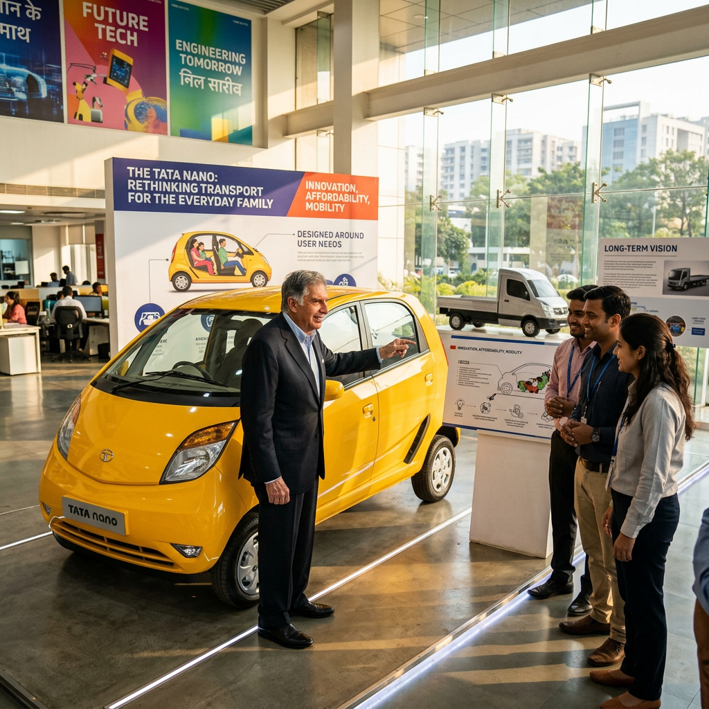 Man presenting yellow Tata Nano to visitors at mobility exhibition