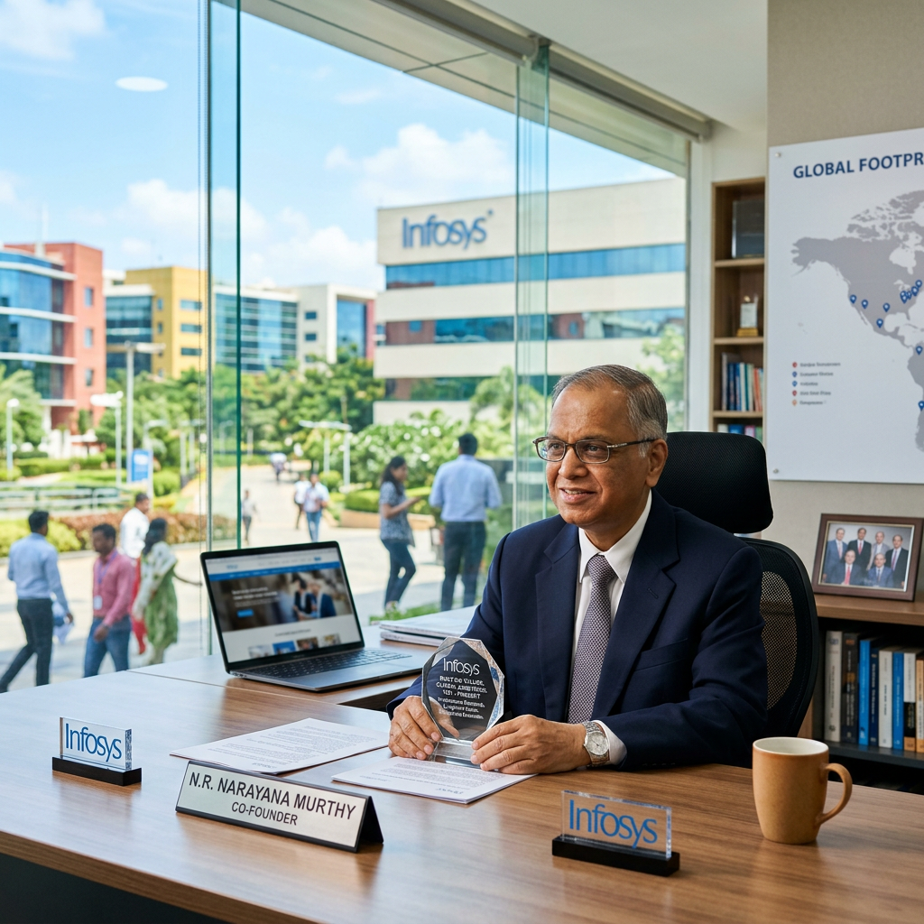 N. R. Narayana Murthy, Infosys co-founder, holding an award beside an Infosys sign