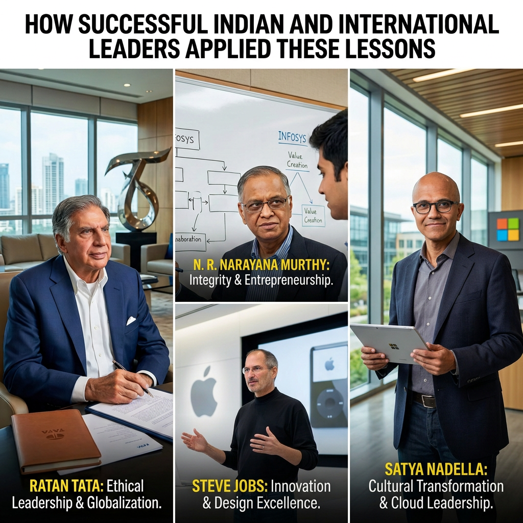 Leadership lessons from three influential innovators Text reads: HOW SUCCESSFUL INDIAN AND INTERNATIONAL LEADERS APPLIED THESE LESSONS. Three panels show Ratan Tata with Ethical Leadership & Globalization, N. R. Narayana Murthy with Integrity & Entrepreneurship, and Steve Jobs with Innovation & Design Excellence.