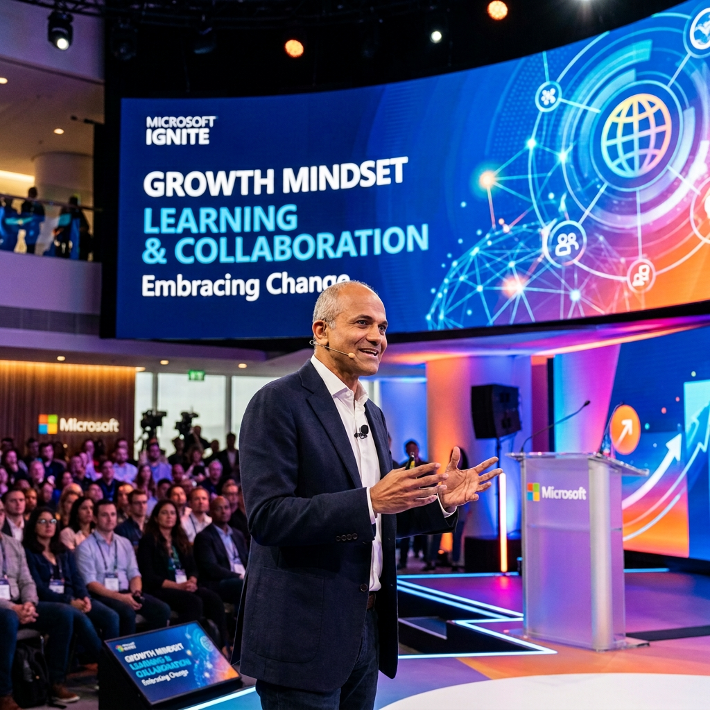 Microsoft Ignite Growth Mindset Keynote Microsoft Ignite speaker presenting on growth mindset to an audience