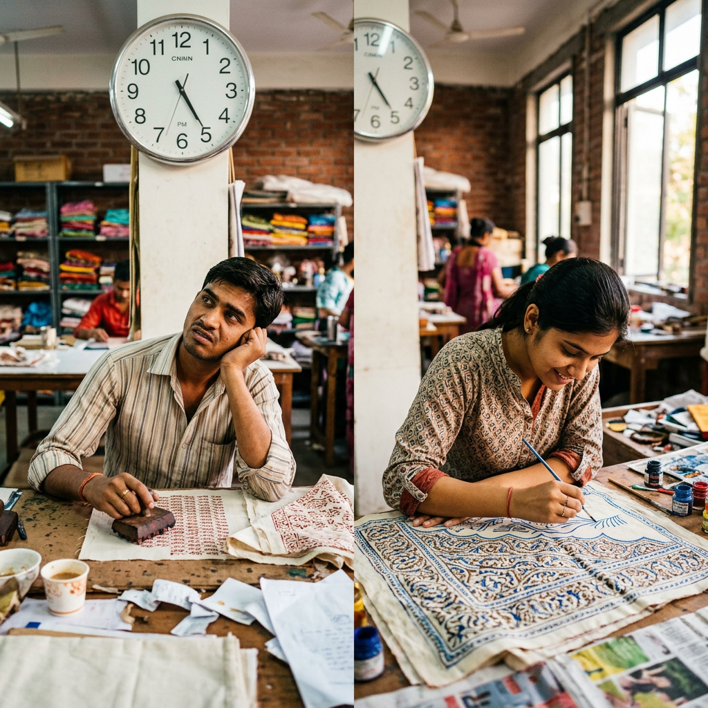 Two artisans hand-print and paint patterned textiles in a busy workshop