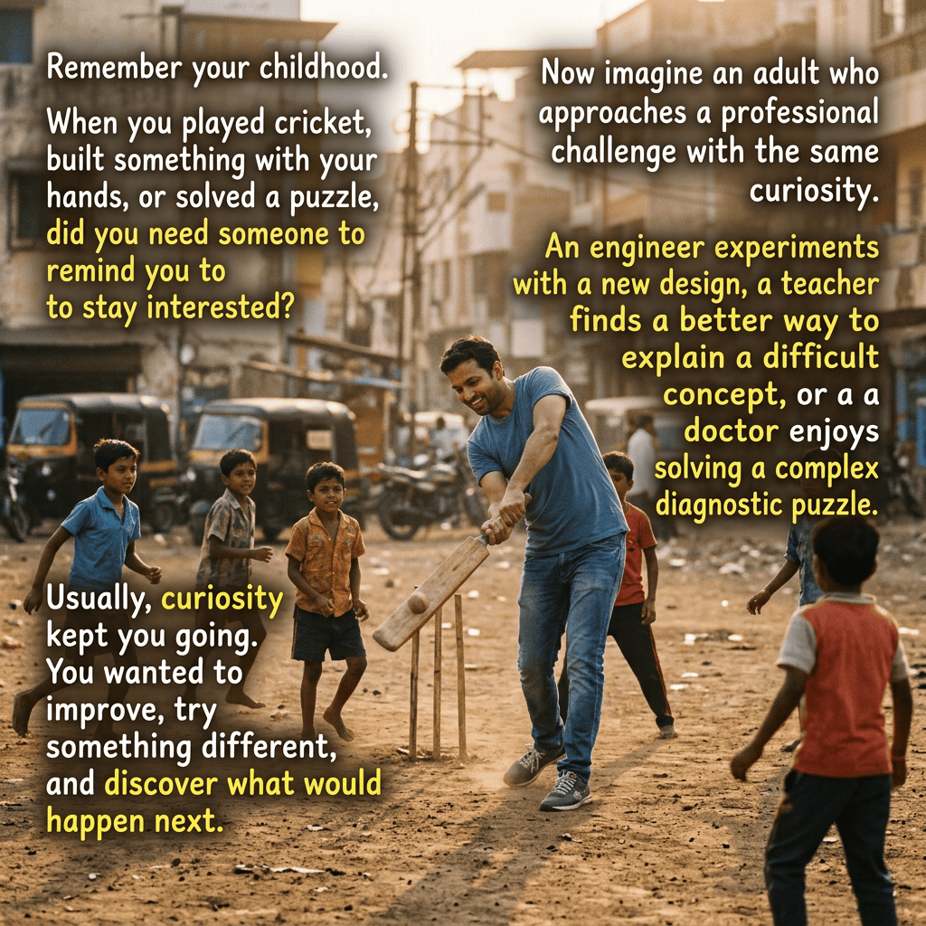 Text about childhood curiosity, cricket, and adult learning over a street cricket scene. Remember your childhood. When you played cricket, built something with your hands, or solved a puzzle, did you need someone to remind you to stay interested? Now imagine an adult who approaches a professional challenge with the same curiosity. An engineer experiments with a new design, a teacher finds a better way to explain a difficult concept, or a doctor enjoys solving a complex diagnostic puzzle. Usually, curiosity kept you going. You wanted to improve, try something different, and discover what would happen next.