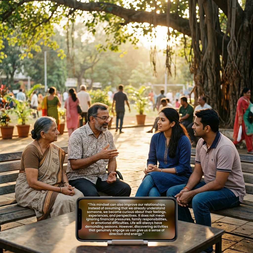 Four adults talking on a bench beside a phone displaying: “This mindset can also improve our relationships. Instead of assuming that we already understand someone, we become curious about their feelings, experiences, and perspectives. It does not mean ignoring financial pressures, family responsibilities, or emotional difficulties. Life will always have demanding seasons. Discovering activities that genuinely engage us can give us a sense of direction and energy.”