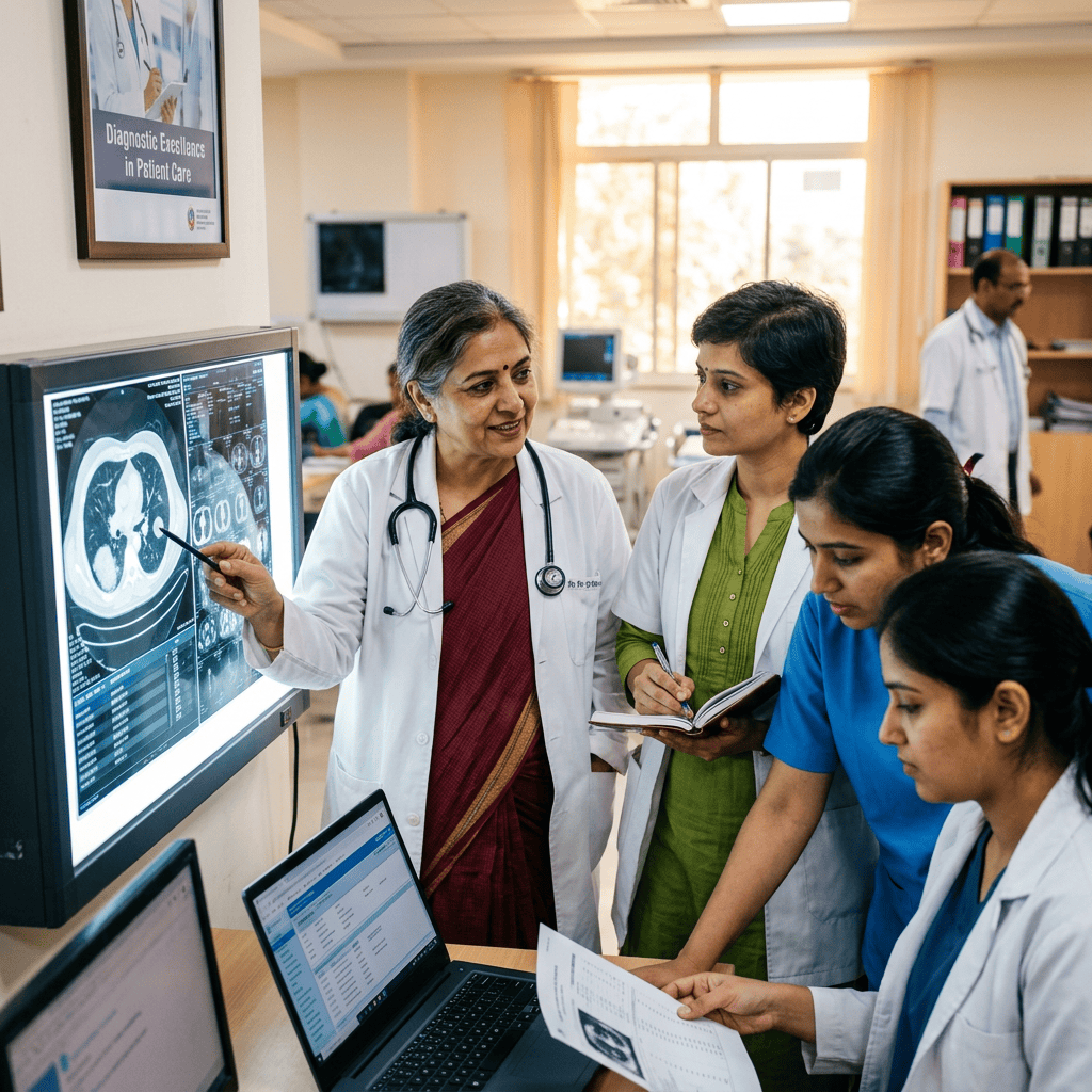 Clinicians reviewing a chest CT scan on a medical monitor