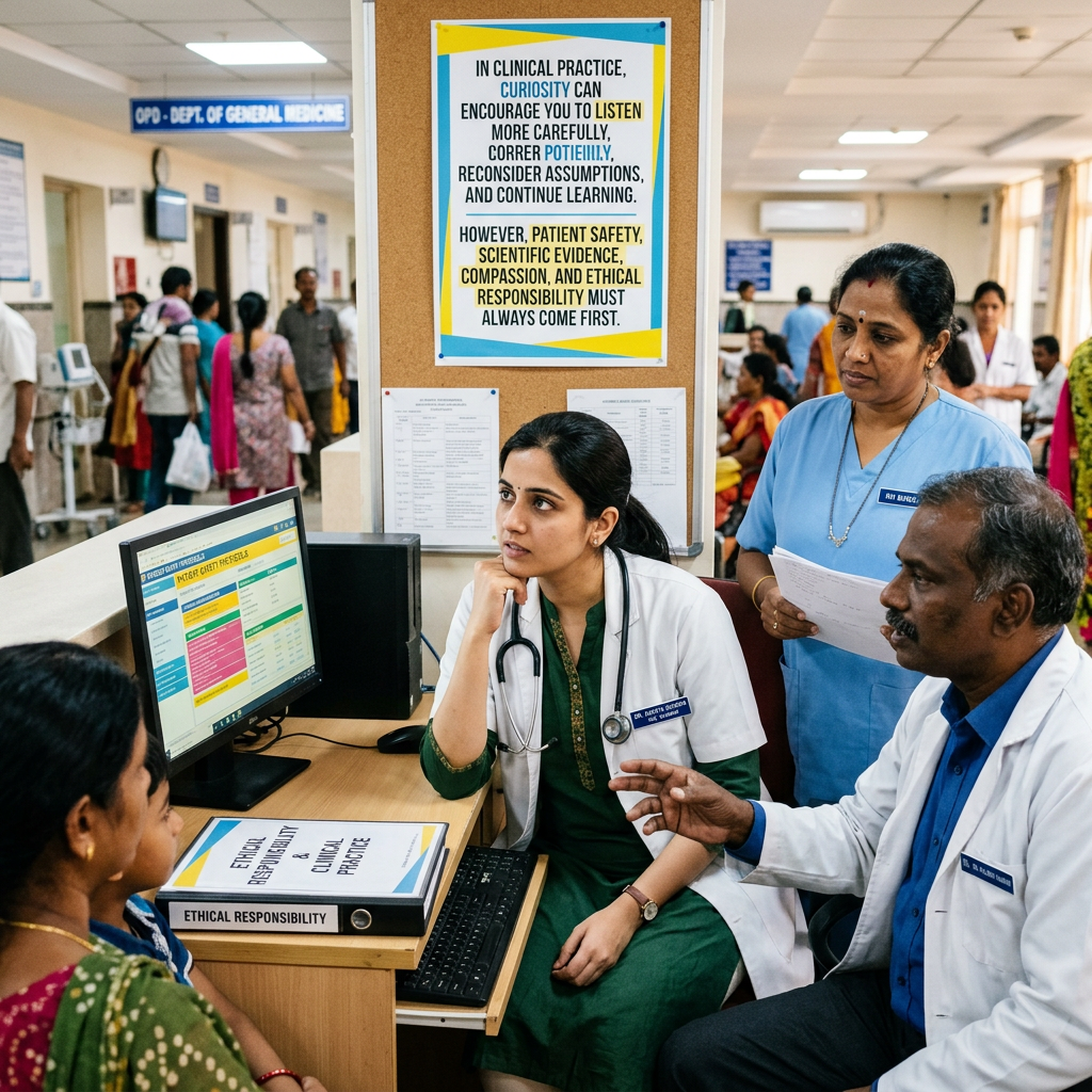 Doctors and patient discussing care beneath poster reading “Patient safety, scientific evidence, compassion, and ethical responsibility must always come first.”