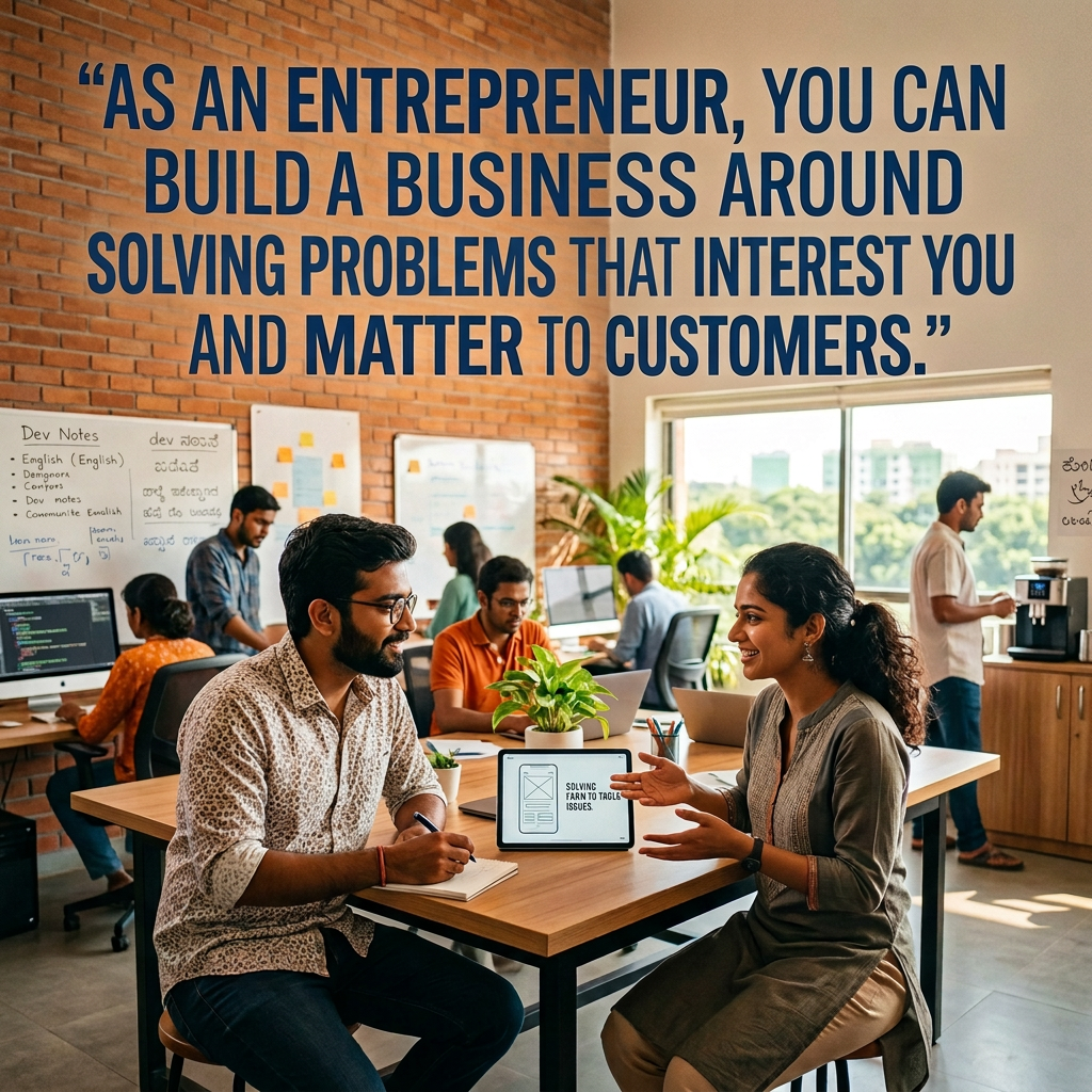Entrepreneurs Turning Customer Problems Into Solutions Entrepreneurs discussing a problem-solving business idea in a coworking office beneath a quote