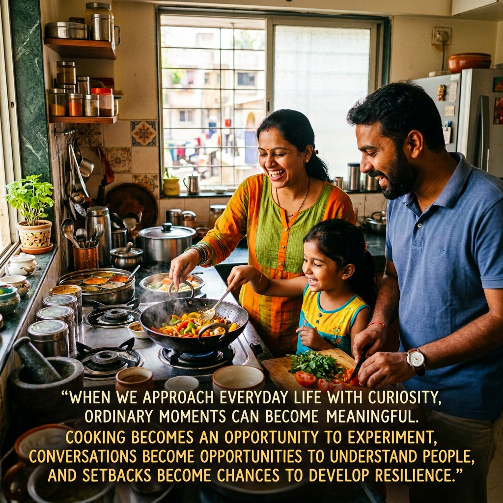 Family cooking together and embracing curiosity Family cooking together in a kitchen with motivational quote text
