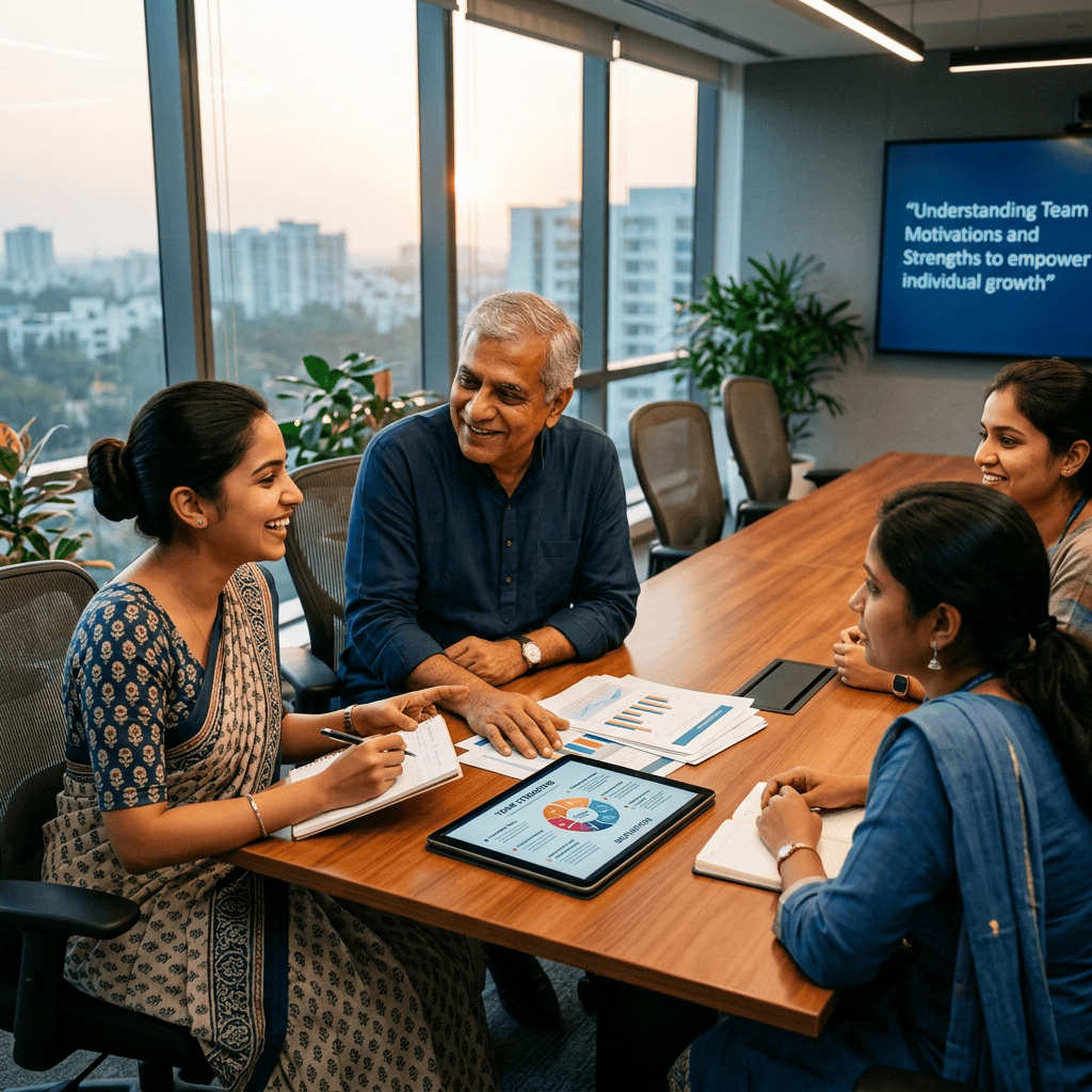 Four colleagues discussing team strengths and individual growth around a conference table