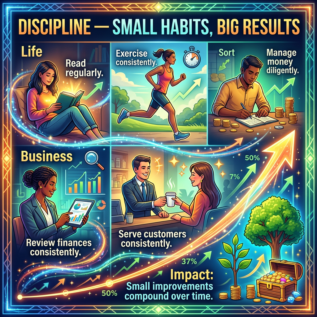 Infographic text: “DISCIPLINE — SMALL HABITS, BIG RESULTS”; Life—Read regularly, Exercise consistently, Sort, Manage money diligently; Business—Review finances consistently, Serve customers consistently; “Impact: Small improvements compound over time,” with percentage growth arrows.