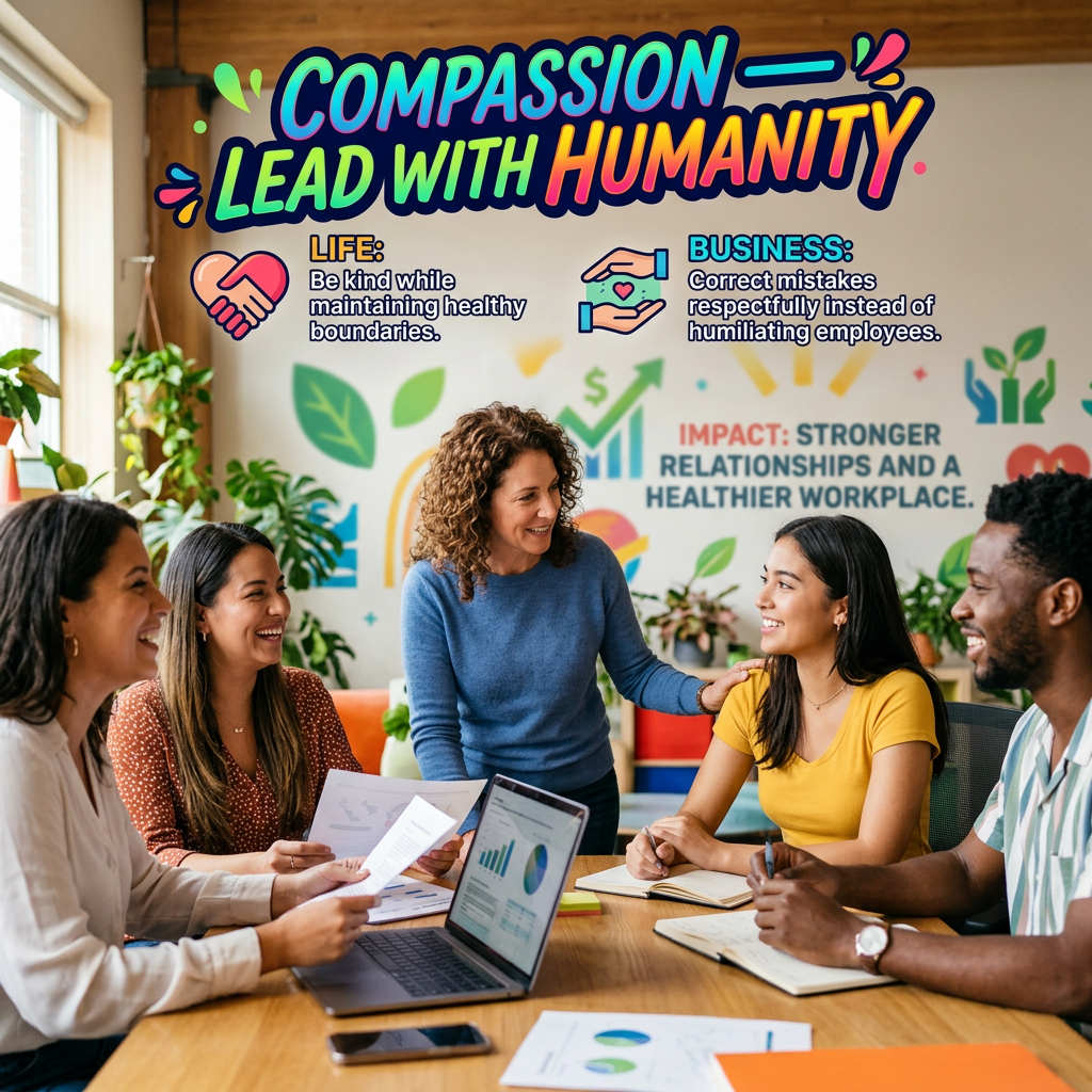 COMPASSION — LEAD WITH HUMANITY. LIFE: Be kind while maintaining healthy boundaries. BUSINESS: Correct mistakes respectfully instead of humiliating employees. IMPACT: STRONGER RELATIONSHIPS AND A HEALTHIER WORKPLACE.