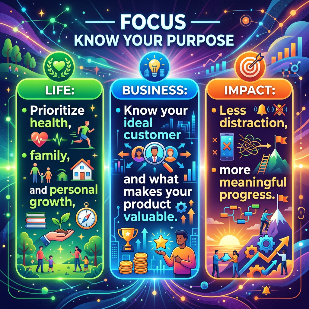 FOCUS — KNOW YOUR PURPOSE; LIFE: Prioritize health, family, and personal growth; BUSINESS: Know your ideal customer and what makes your product valuable; IMPACT: Less distraction, more meaningful progress.