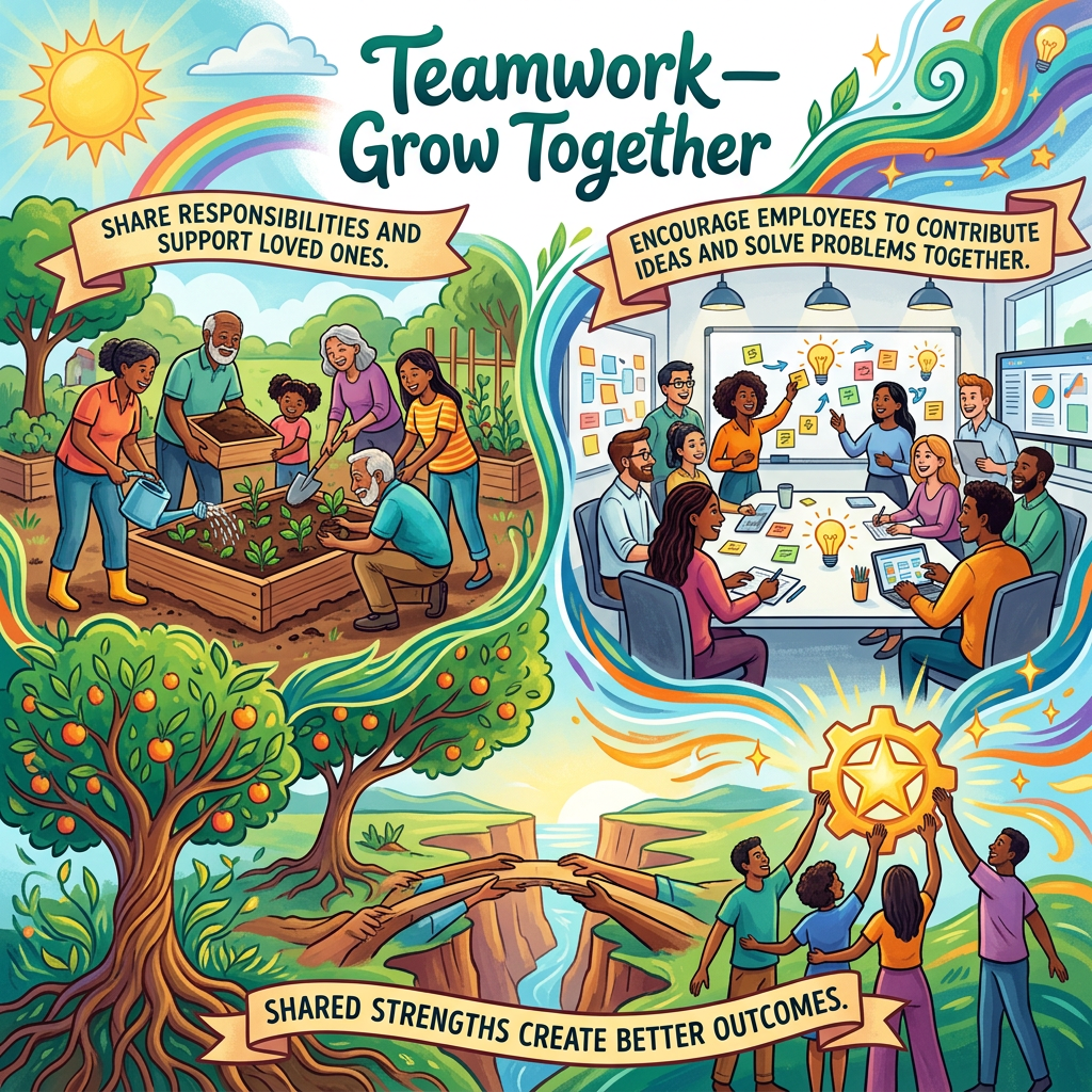 Teamwork illustration with gardening, collaboration, and shared community achievement