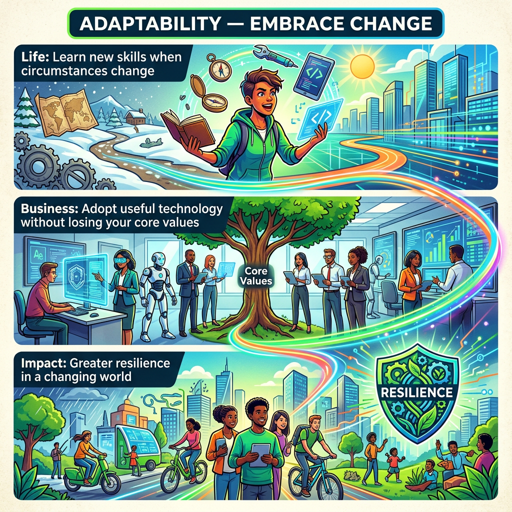 Adaptability — Embrace Change; life, business, and impact panels