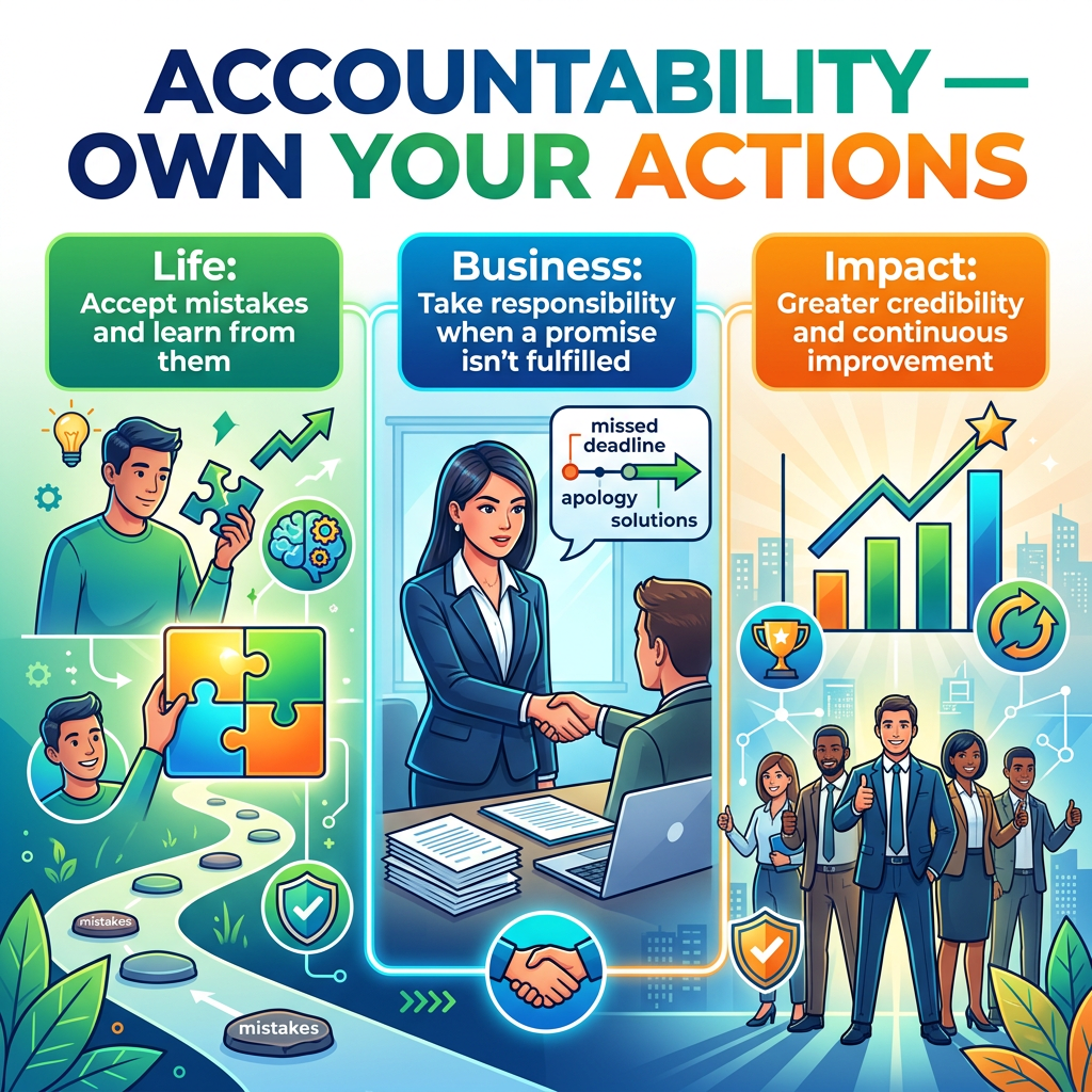ACCOUNTABILITY — OWN YOUR ACTIONS. Life: Accept mistakes and learn from them. Business: Take responsibility when a promise isn’t fulfilled. Impact: Greater credibility and continuous improvement. Illustrations show learning from mistakes, a missed deadline with apology solutions, and a successful team.