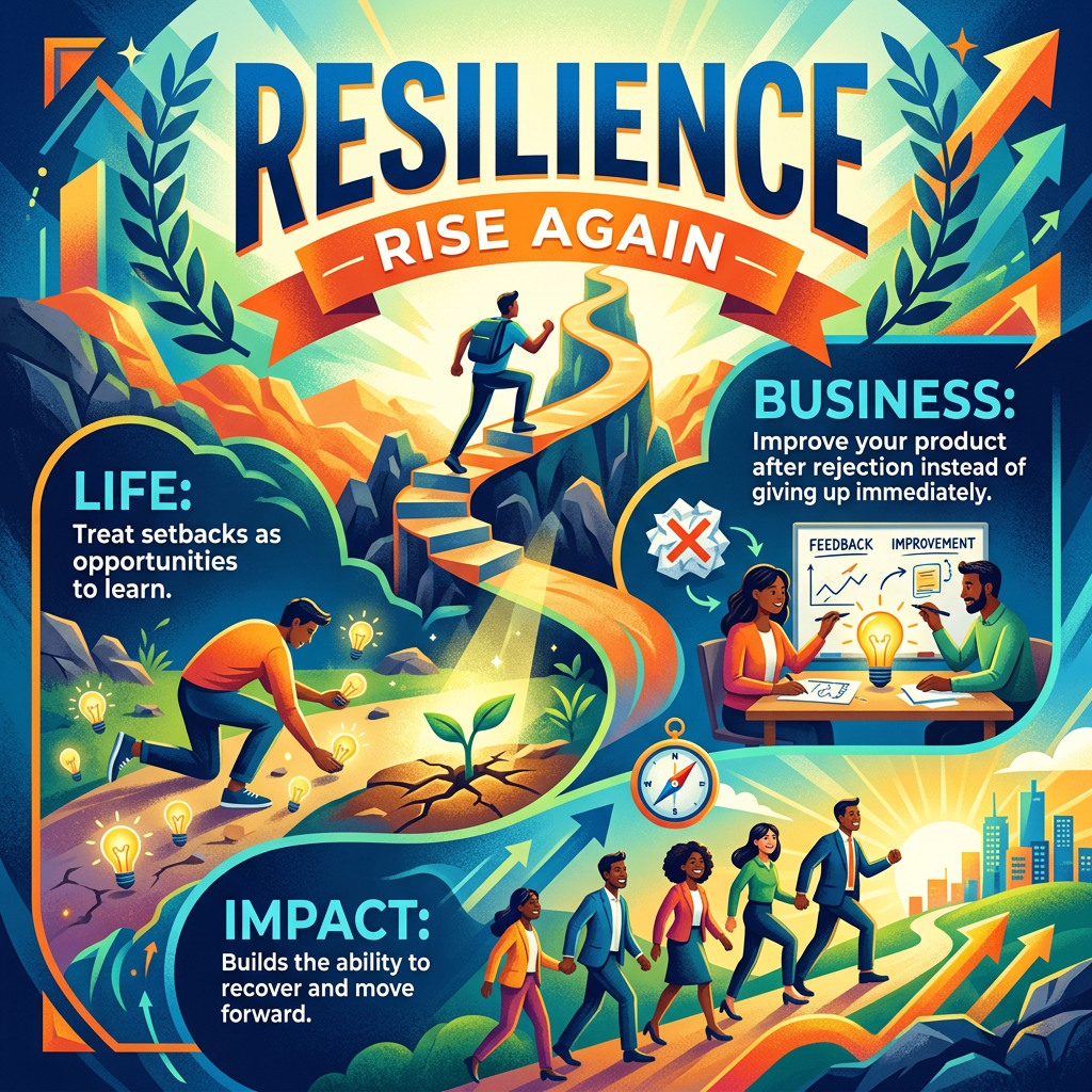 RESILIENCE — RISE AGAIN; LIFE: Treat setbacks as opportunities to learn; BUSINESS: Improve your product after rejection instead of giving up immediately; IMPACT: Builds the ability to recover and move forward.