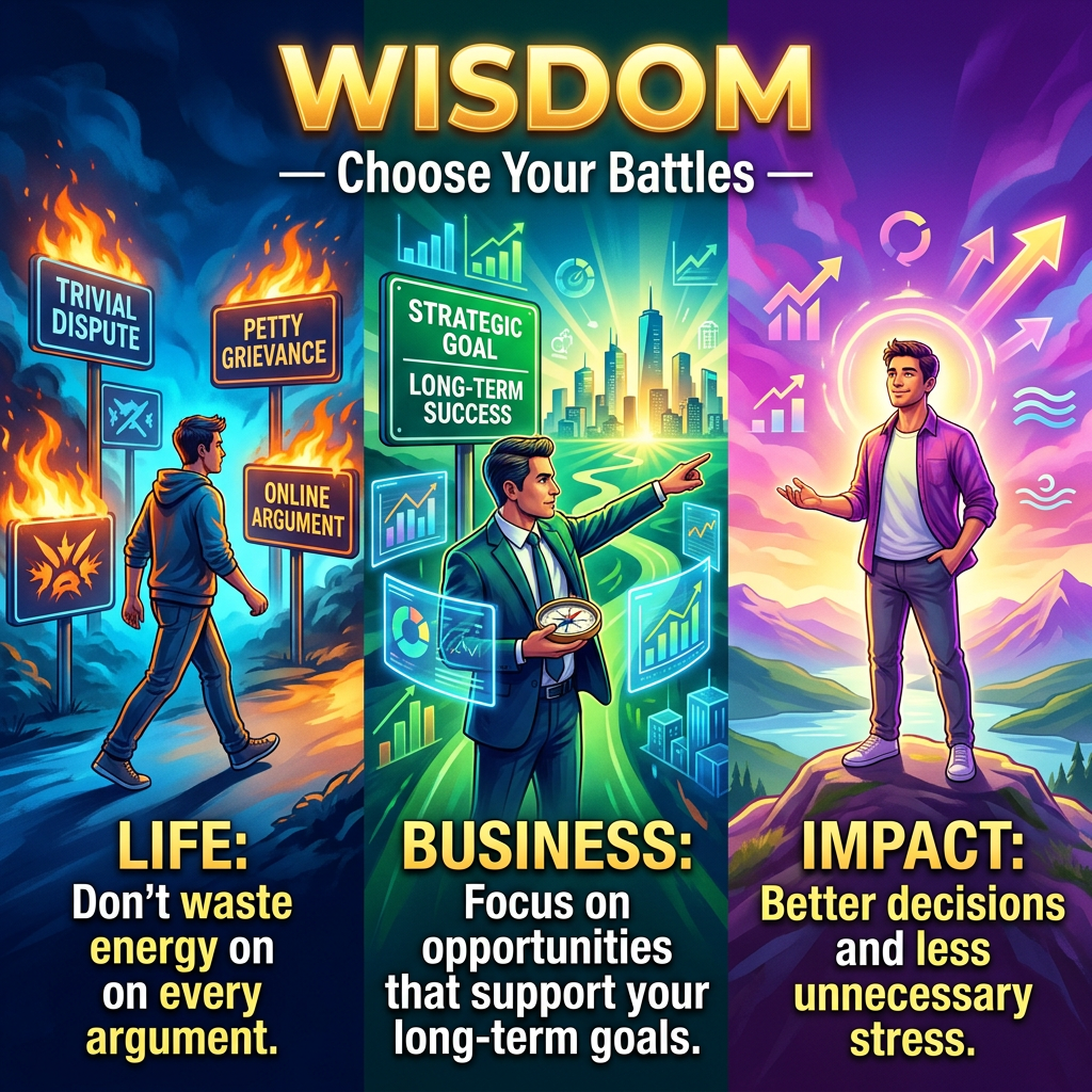 WISDOM — Choose Your Battles. LIFE: Don’t waste energy on every argument. BUSINESS: Focus on opportunities that support your long-term goals. IMPACT: Better decisions and less unnecessary stress. Signs read Trivial Dispute, Petty Grievance, Online Argument, and Strategic Goal Long-Term Success.