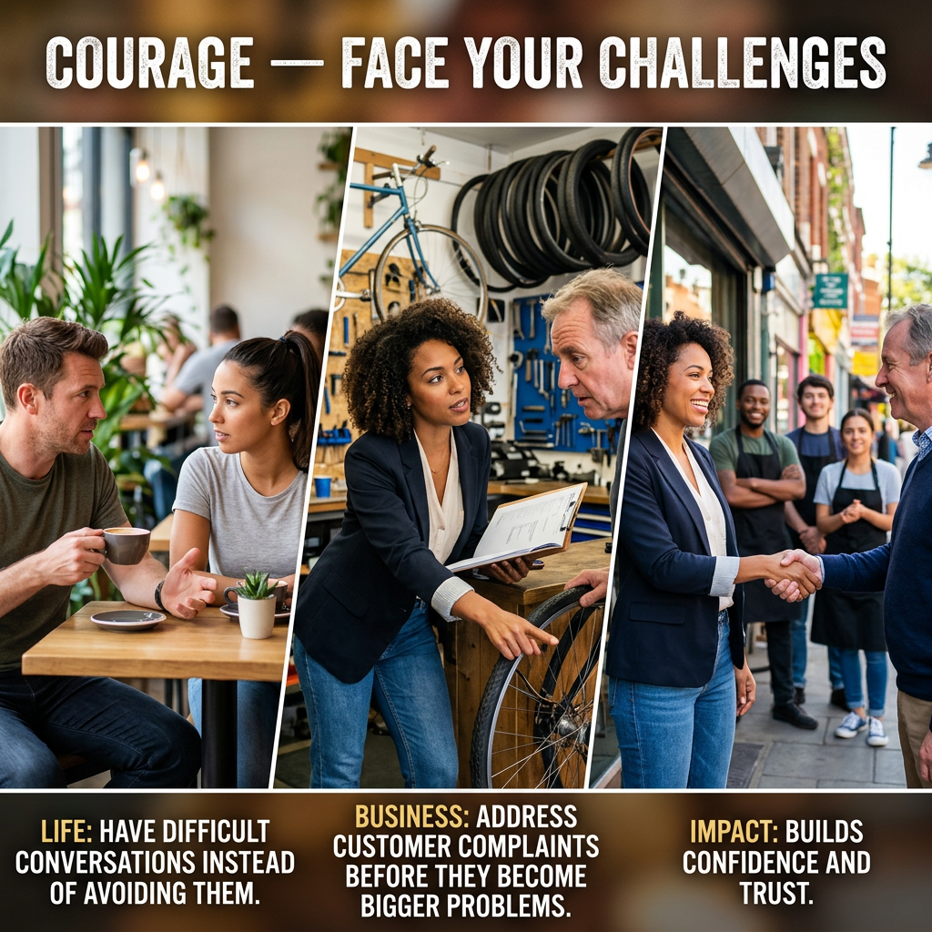 Courage—face your challenges; life: have difficult conversations instead of avoiding them; business: address customer complaints before they become bigger problems; impact: builds confidence and trust.