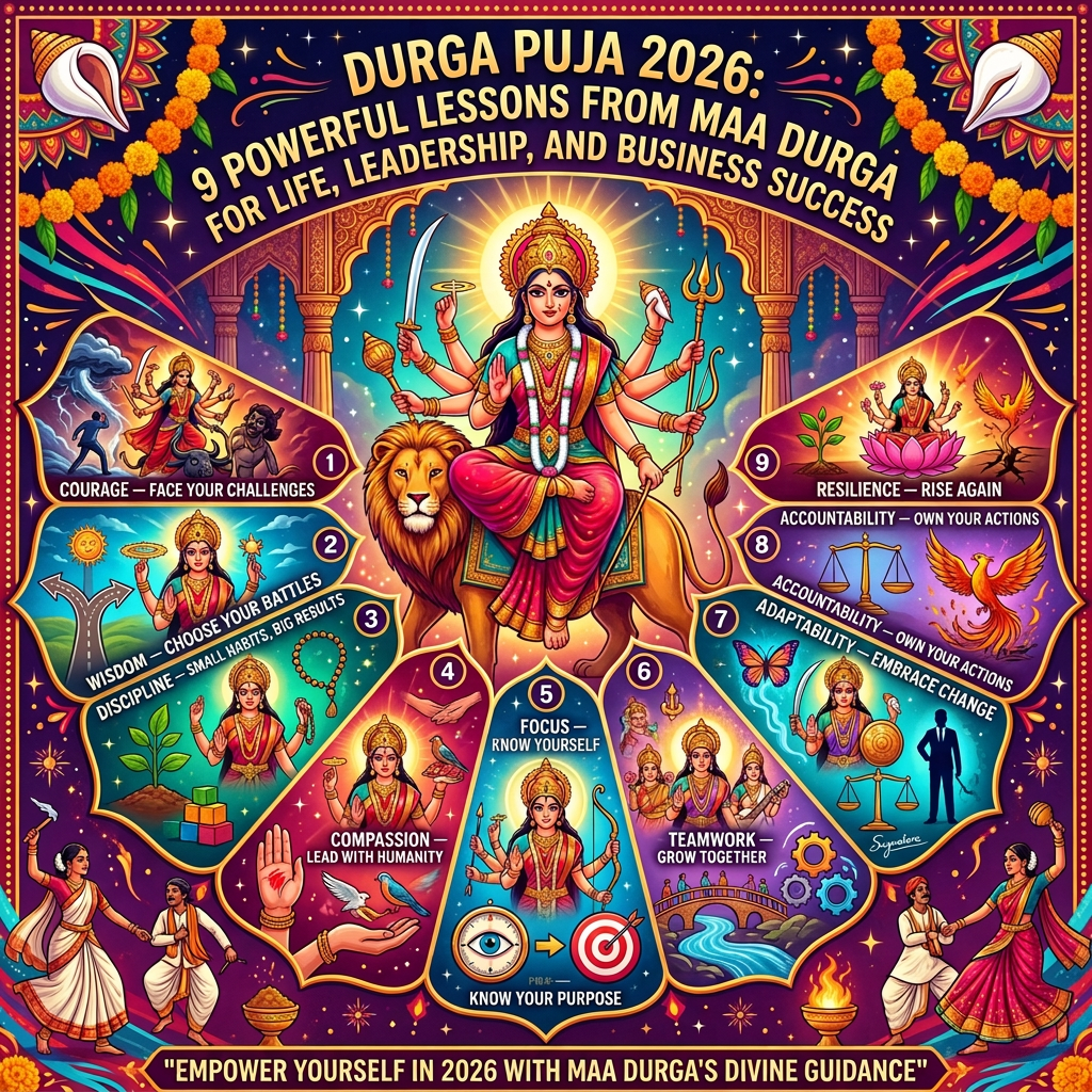 Infographic text: DURGA PUJA 2026: 9 POWERFUL LESSONS FROM MAA DURGA FOR LIFE, LEADERSHIP, AND BUSINESS SUCCESS; 1 COURAGE — FACE YOUR CHALLENGES; 2 WISDOM — CHOOSE YOUR BATTLES; 3 DISCIPLINE — SMALL HABITS, BIG RESULTS; 4 COMPASSION — LEAD WITH HUMANITY; 5 FOCUS — KNOW YOURSELF; 6 TEAMWORK — GROW TOGETHER; 7 ADAPTABILITY — EMBRACE CHANGE; 8 ACCOUNTABILITY — OWN YOUR ACTIONS; 9 RESILIENCE — RISE AGAIN; EMPOWER YOURSELF IN 2026 WITH MAA DURGA'S DIVINE GUIDANCE.