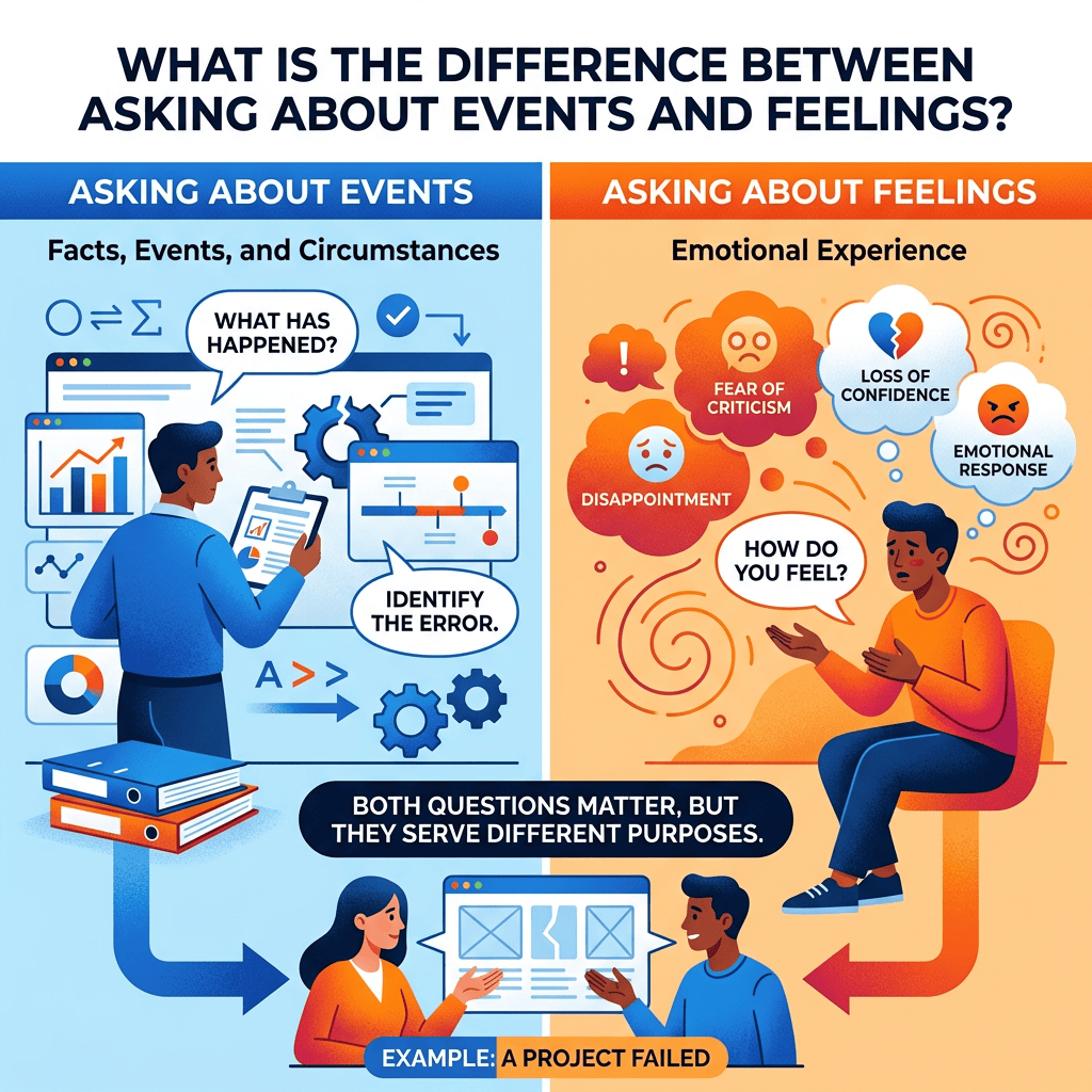 Infographic: What is the difference between asking about events and feelings? Asking about events: Facts, Events, and Circumstances; What has happened?; Identify the error. Asking about feelings: Emotional Experience; Fear of Criticism; Loss of Confidence; Disappointment; Emotional Response; How do you feel? Both questions matter, but they serve different purposes. Example: A project failed.