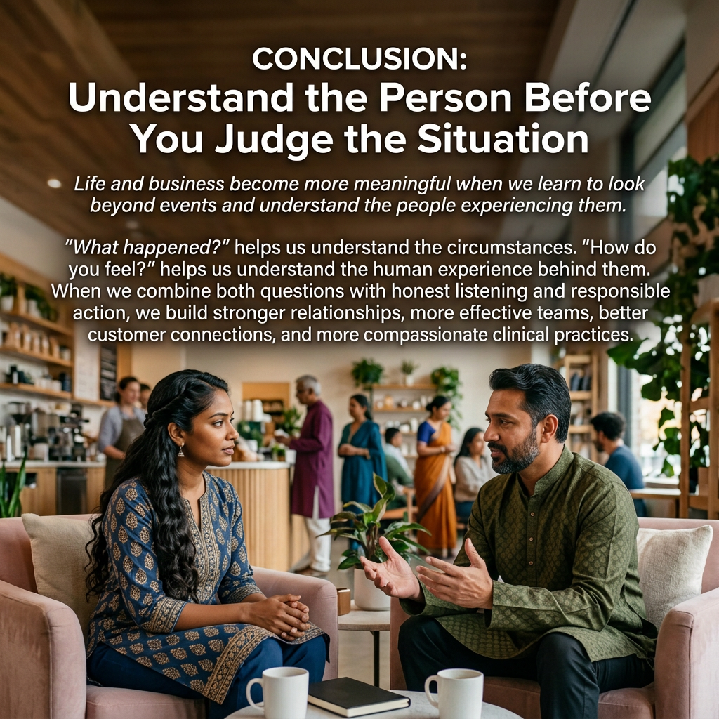 Compassionate Listening Before Making Judgments CONCLUSION: Understand the Person Before You Judge the Situation. Life and business become more meaningful when we learn to look beyond events and understand the people experiencing them. “What happened?” helps us understand the circumstances. “How do you feel?” helps us understand the human experience behind them. When we combine both questions with honest listening and responsible action, we build stronger relationships, more effective teams, better customer connections, and more compassionate clinical practices.
