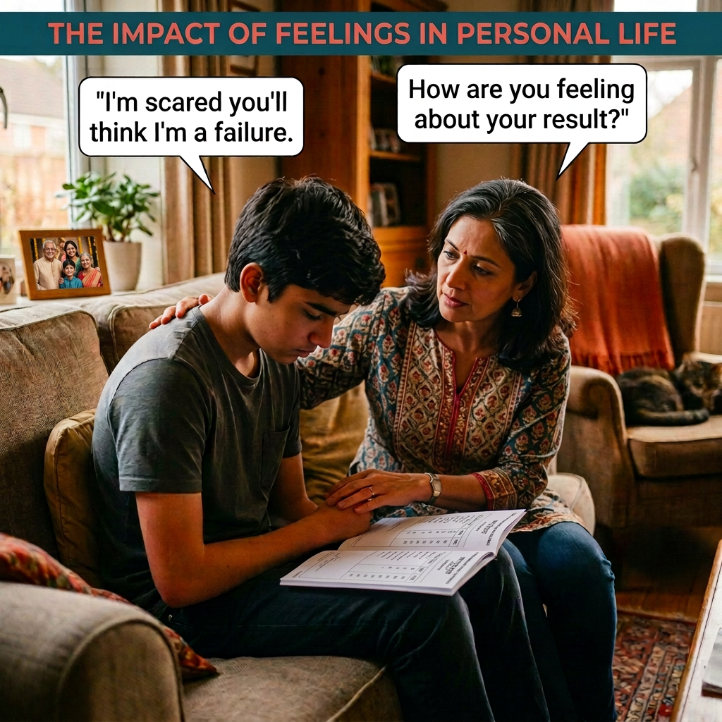 Supportive conversation about academic results Mother comforts worried student discussing results; speech bubbles say, "I'm scared you'll think I'm a failure" and "How are you feeling about your result?"