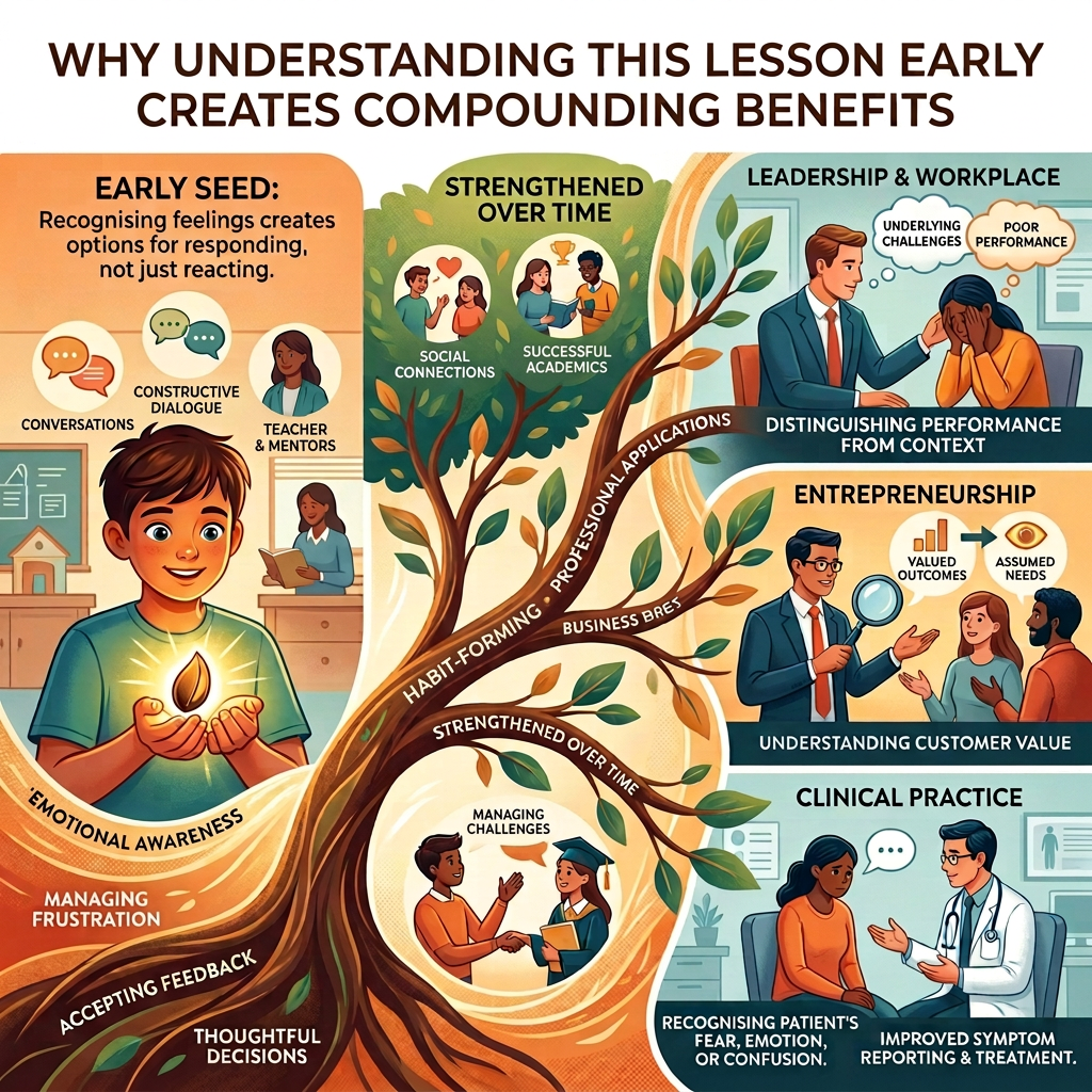 Early Learning Builds Lifelong Professional Benefits Infographic: WHY UNDERSTANDING THIS LESSON EARLY CREATES COMPOUNDING BENEFITS; EARLY SEED: Recognising feelings creates options for responding, not just reacting; CALM CONVERSATIONS; TEACHER; STRENGTHENED OVER TIME; SOCIAL CONNECTIONS; SUCCESSFUL ACADEMICS; LEADERSHIP & WORKPLACE; UNDERLYING CHALLENGES; POOR PERFORMANCE; DISTINGUISHING PERFORMANCE FROM CONTEXT; ENTREPRENEURSHIP; VALUED OUTCOMES; ASSUMED NEEDS; UNDERSTANDING CUSTOMER VALUE; CLINICAL PRACTICE; RECOGNISING PATIENT'S FEAR, EMOTION, OR CONFUSION; IMPROVED SYMPTOM REPORTING & TREATMENT; EMOTIONAL AWARENESS; MANAGING FRUSTRATION; ACCEPTING FEEDBACK; THOUGHTFUL DECISIONS; HABITS FORMING; PROFESSIONAL APPLICATIONS; BUSINESS BRIEF; STRENGTHENED OVER TIME