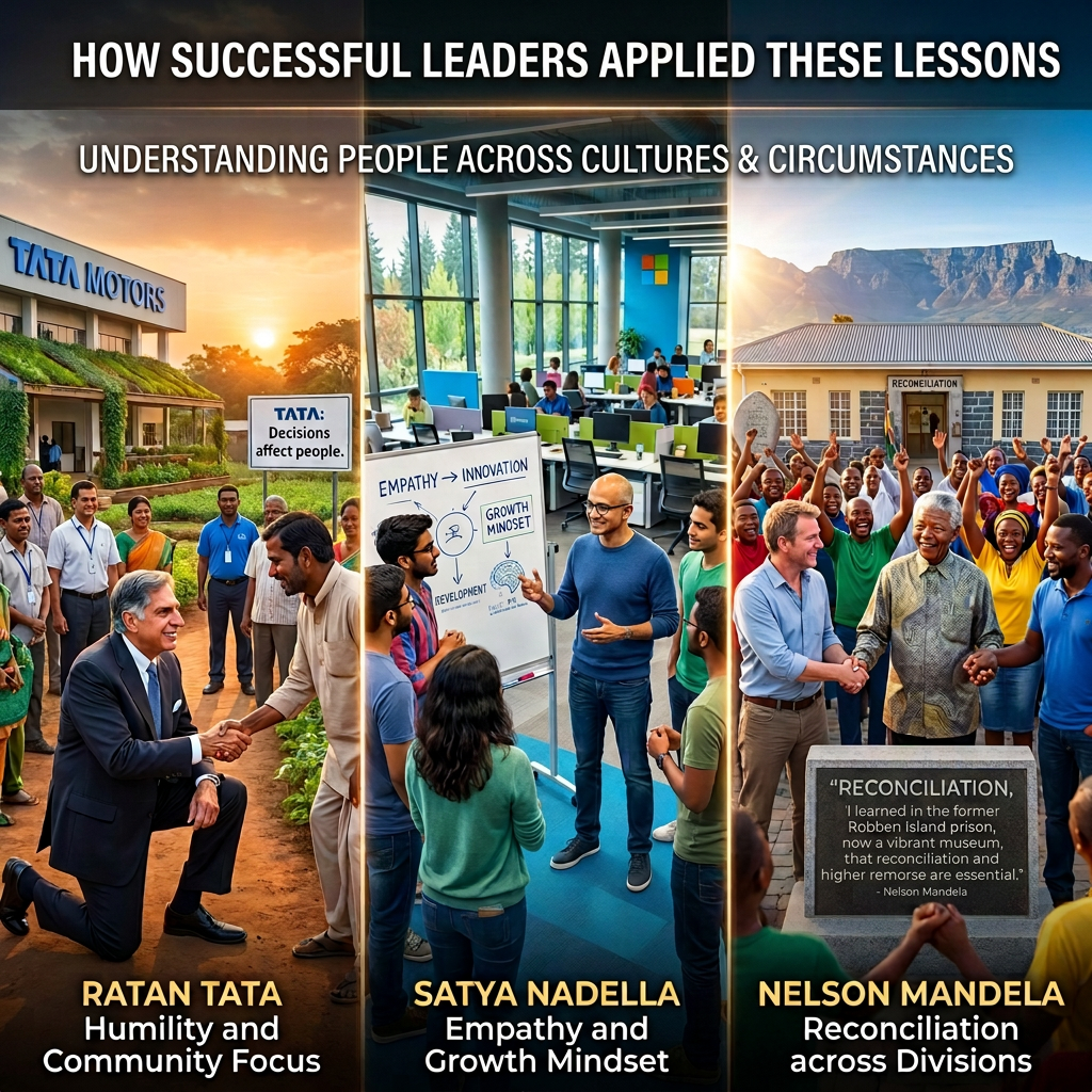 Leadership lessons across cultures and circumstances 5. HOW SUCCESSFUL LEADERS APPLIED THESE LESSONS; UNDERSTANDING PEOPLE ACROSS CULTURES & CIRCUMSTANCES; Tata Motors; TATA: Decisions affect people.; Ratan Tata Humility and Community Focus; Satya Nadella Empathy and Growth Mindset; Nelson Mandela Reconciliation across Divisions; Empathy to Innovation; Growth Mindset; Reconciliation.